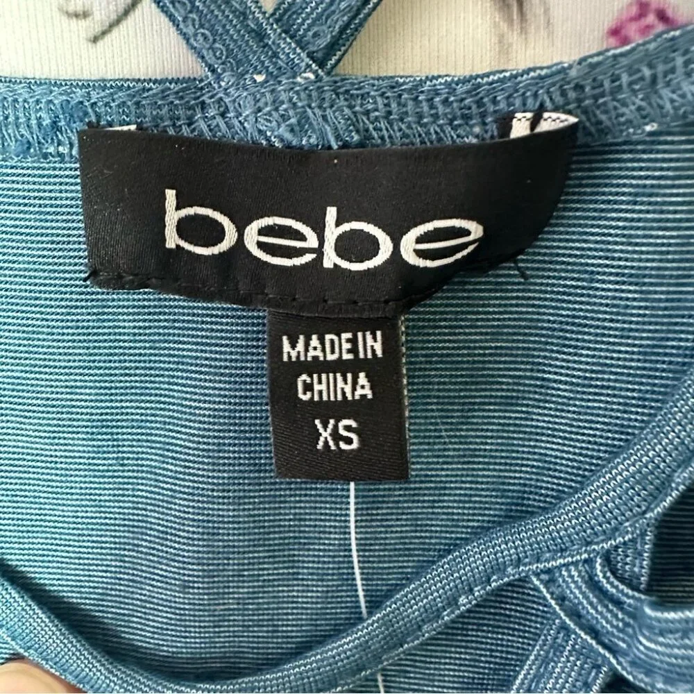 Bebe Blue Strappy Women's Top criss cross denim blue jean style gold bling